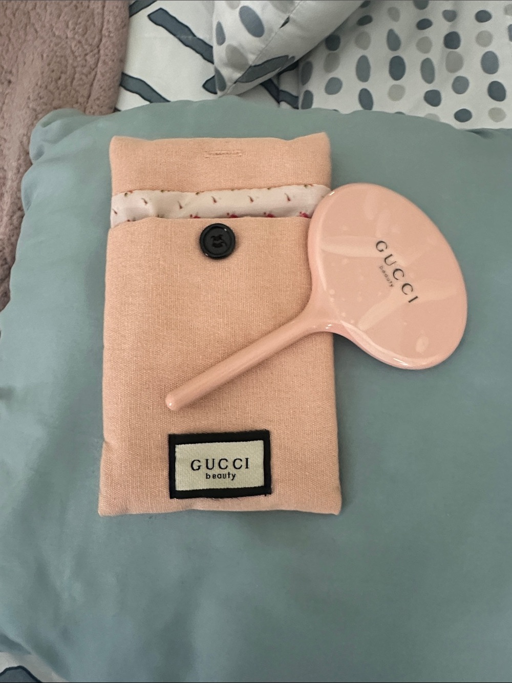 Gucci Pink Handheld Beauty Mirror with Fabric Pouch
